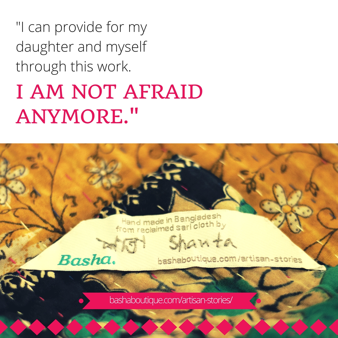 Graphic design image with quote I can provide for my daughter and myself through this work. I am not afraid any more. - Shanta
